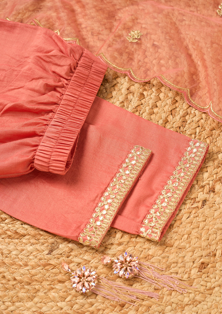 Gajari Pink Art Silk Cording Straight Kurta With Pant Regular And Dupatta