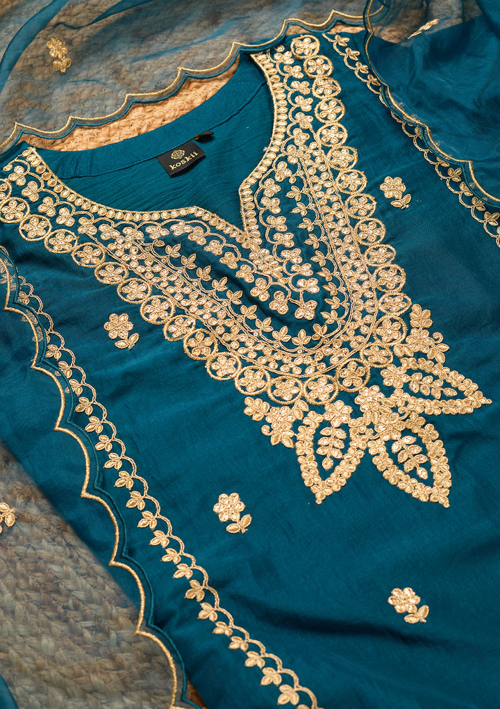Peacock Blue Art Silk Cording Straight Kurta With Pant Regular And Dupatta