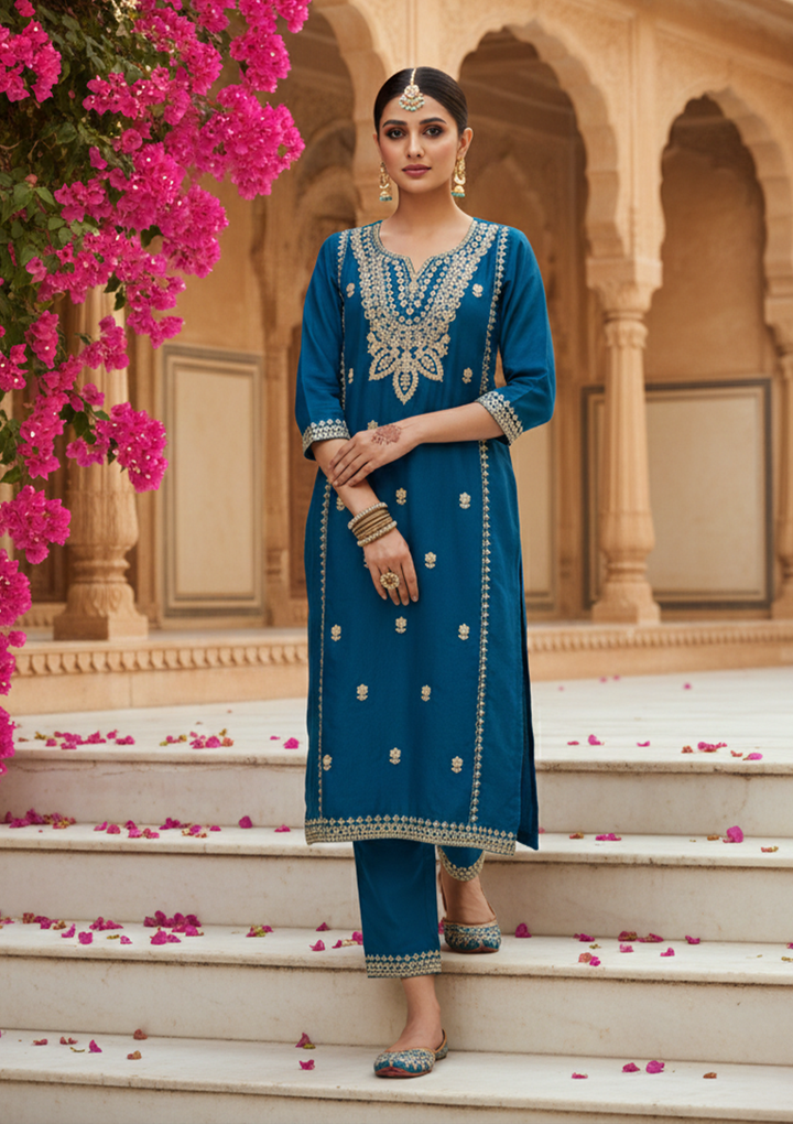 Peacock Blue Art Silk Cording Straight Kurta With Pant Regular And Dupatta