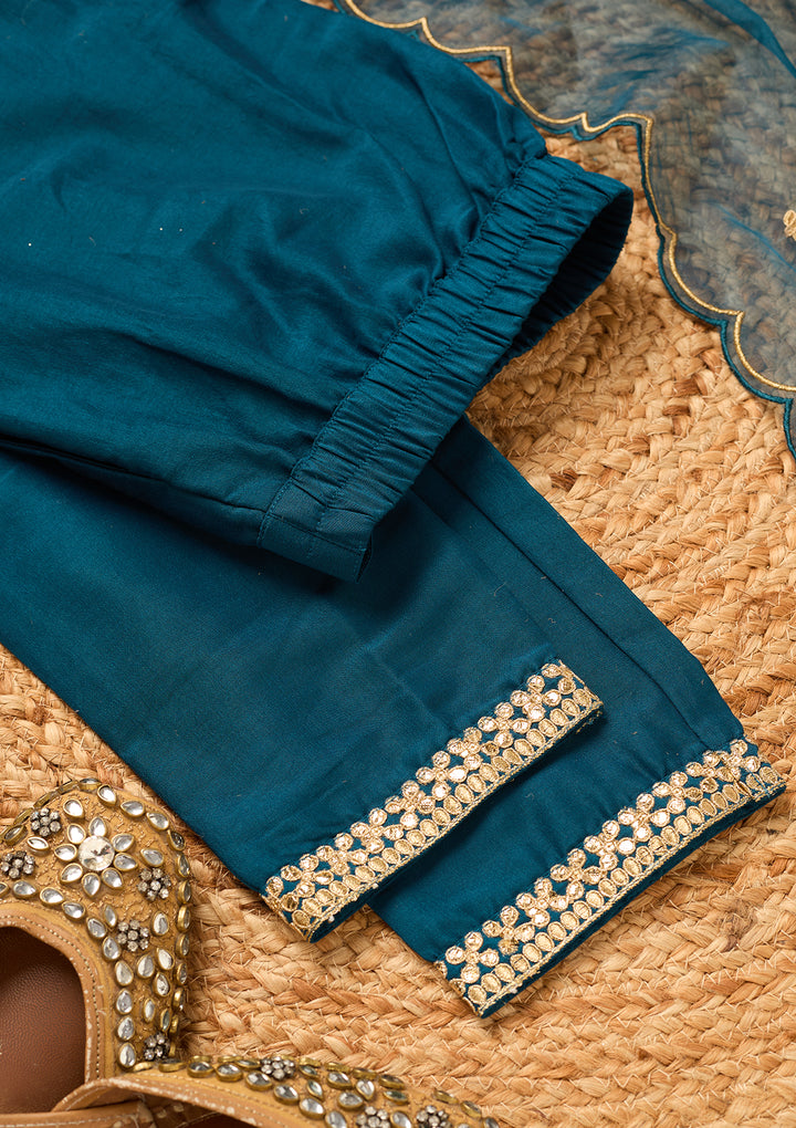 Peacock Blue Art Silk Cording Straight Kurta With Pant Regular And Dupatta