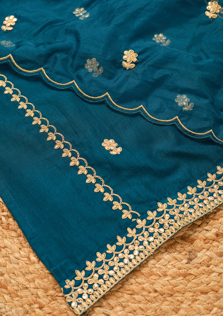 Peacock Blue Art Silk Cording Straight Kurta With Pant Regular And Dupatta