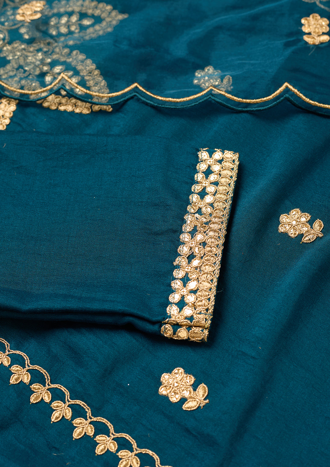 Peacock Blue Art Silk Cording Straight Kurta With Pant Regular And Dupatta