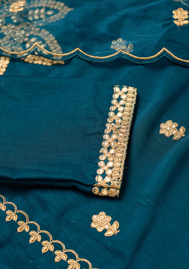 Peacock Blue Art Silk Cording Straight Kurta With Pant Regular And Dupatta