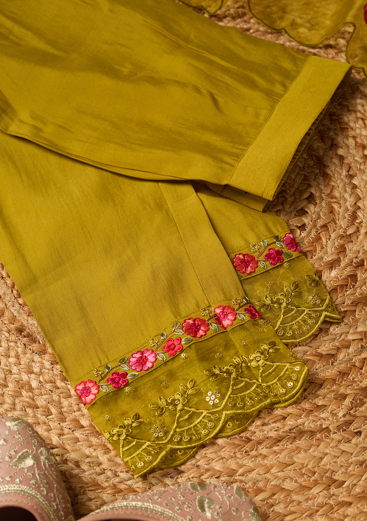 Mehendi Art Silk Threadwork Straight Kurta With Pant Regular And Dupatta