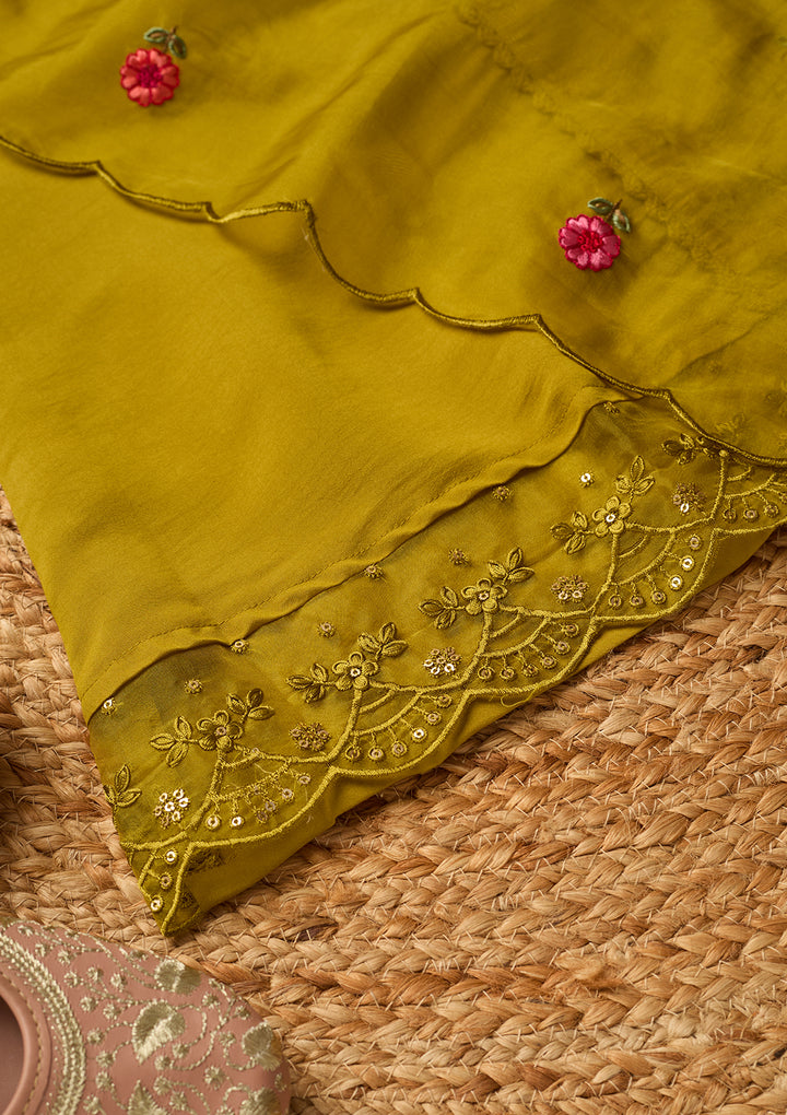 Mehendi Art Silk Threadwork Straight Kurta With Pant Regular And Dupatta
