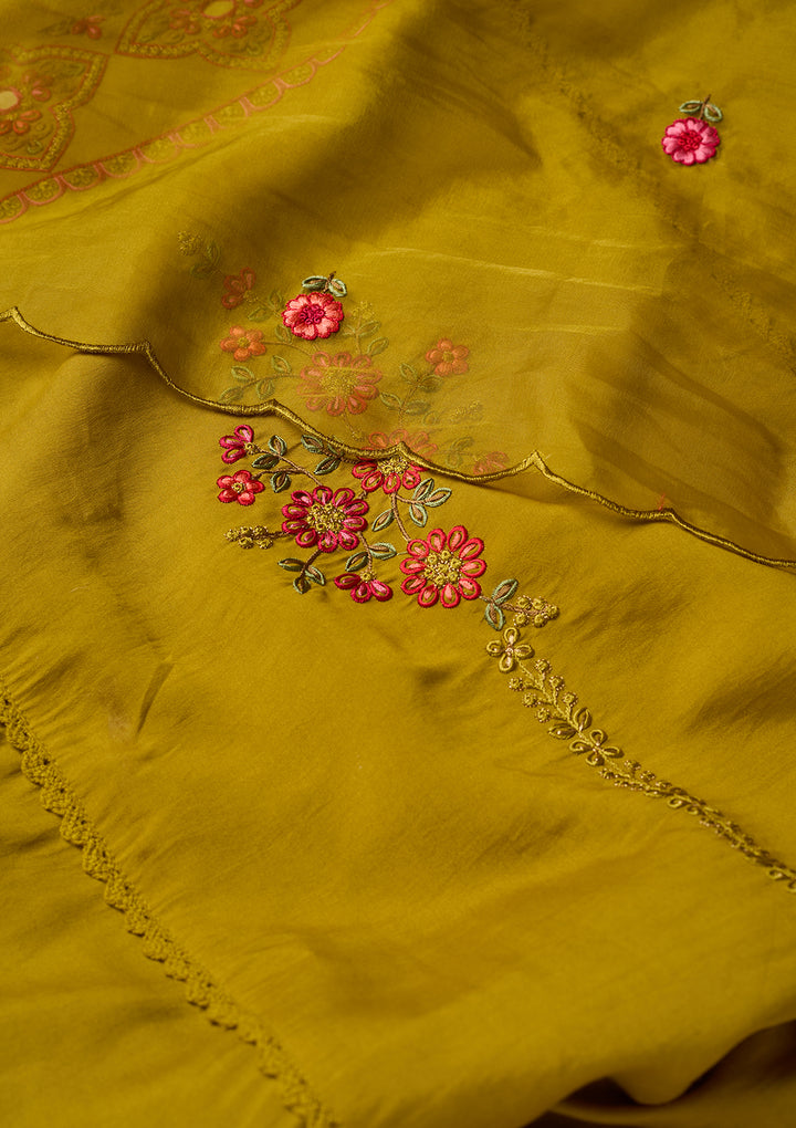 Mehendi Art Silk Threadwork Straight Kurta With Pant Regular And Dupatta