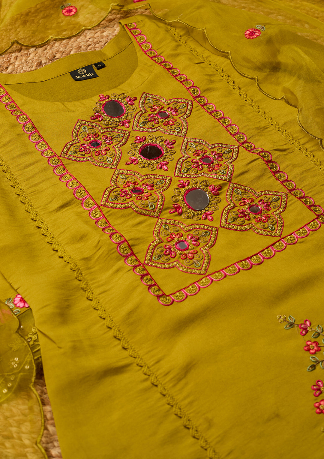 Mehendi Art Silk Threadwork Straight Kurta With Pant Regular And Dupatta