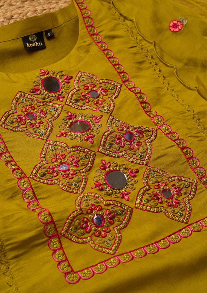 Mehendi Art Silk Threadwork Straight Kurta With Pant Regular And Dupatta