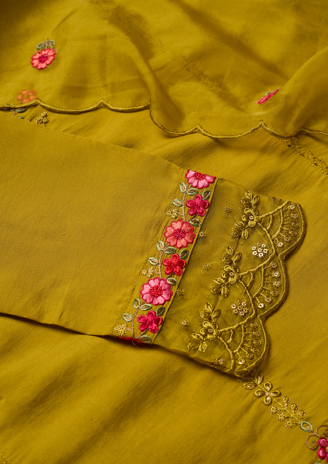 Mehendi Art Silk Threadwork Straight Kurta With Pant Regular And Dupatta