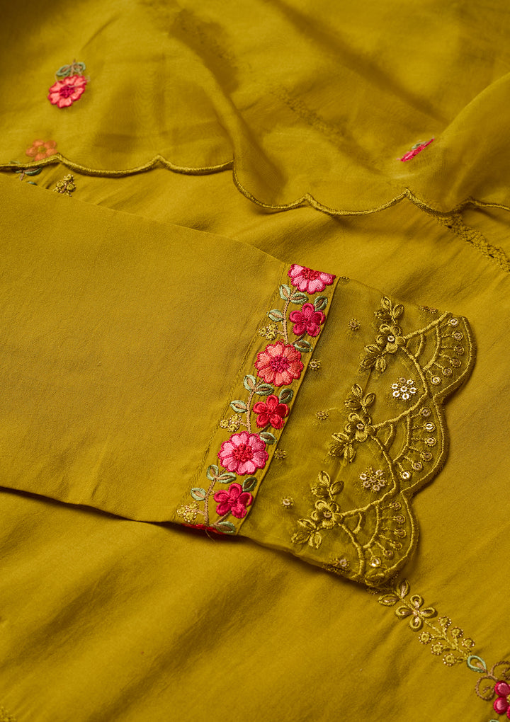 Mehendi Art Silk Threadwork Straight Kurta With Pant Regular And Dupatta