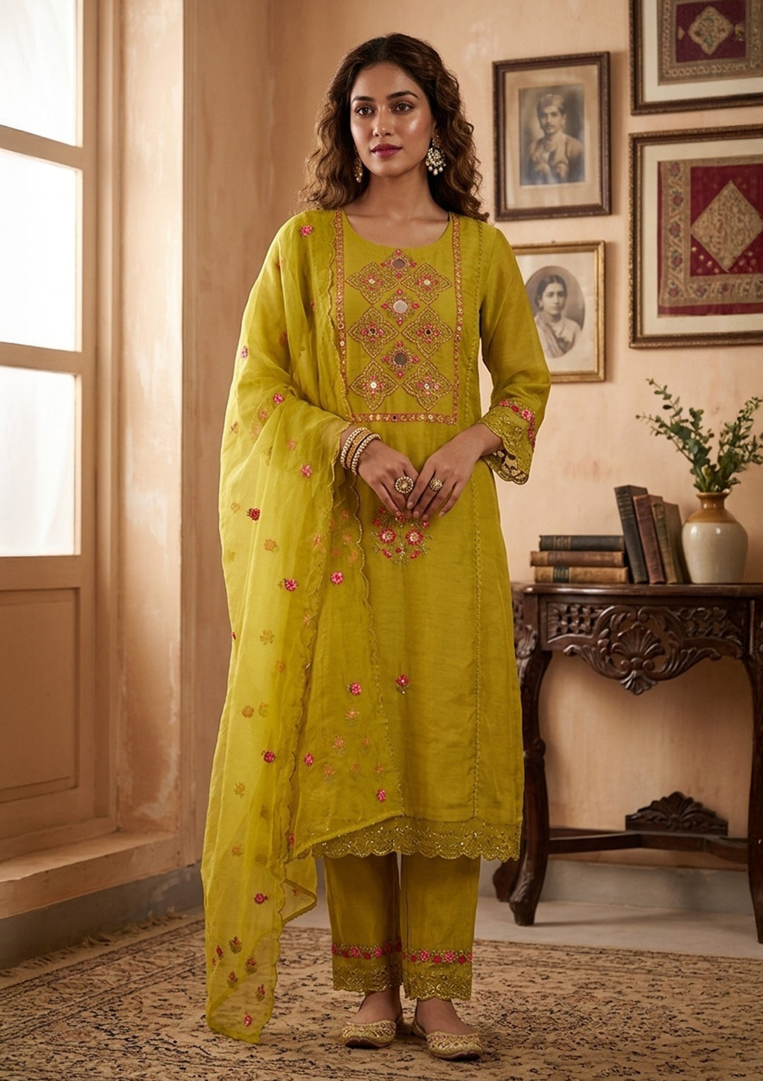 Mehendi Art Silk Threadwork Straight Kurta With Pant Regular And Dupatta