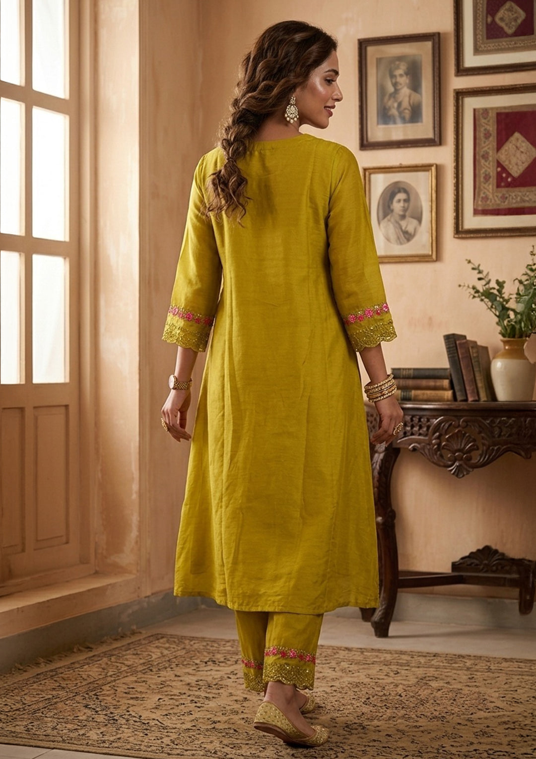 Mehendi Art Silk Threadwork Straight Kurta With Pant Regular And Dupatta