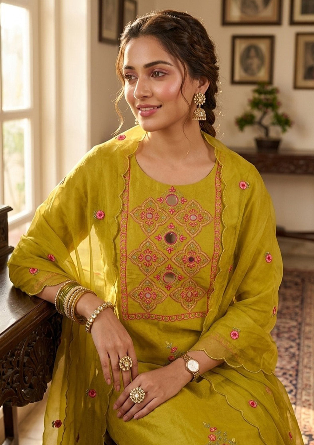 Mehendi Art Silk Threadwork Straight Kurta With Pant Regular And Dupatta
