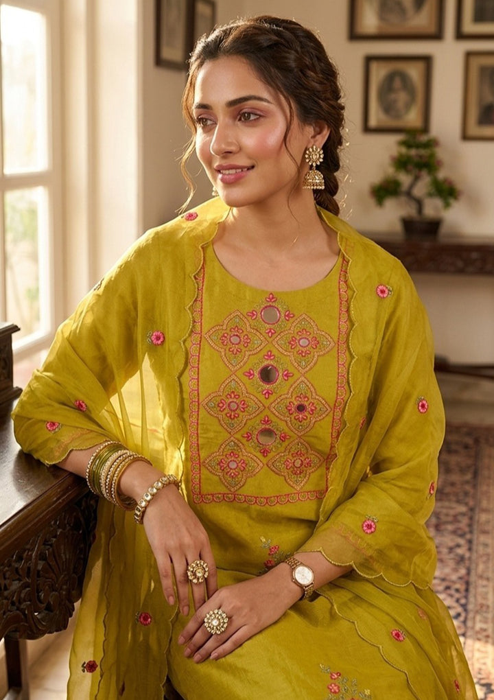 Mehendi Art Silk Threadwork Straight Kurta With Pant Regular And Dupatta