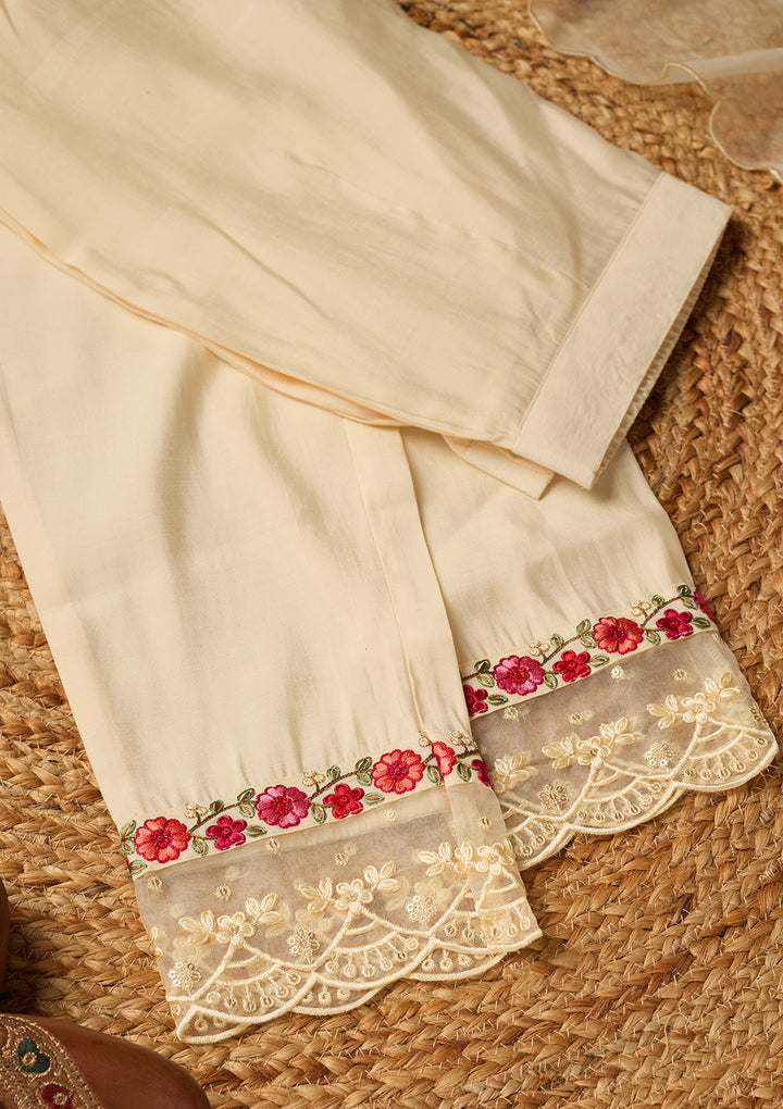 Off White Art Silk Threadwork Straight Kurta With Pant Regular And Dupatta