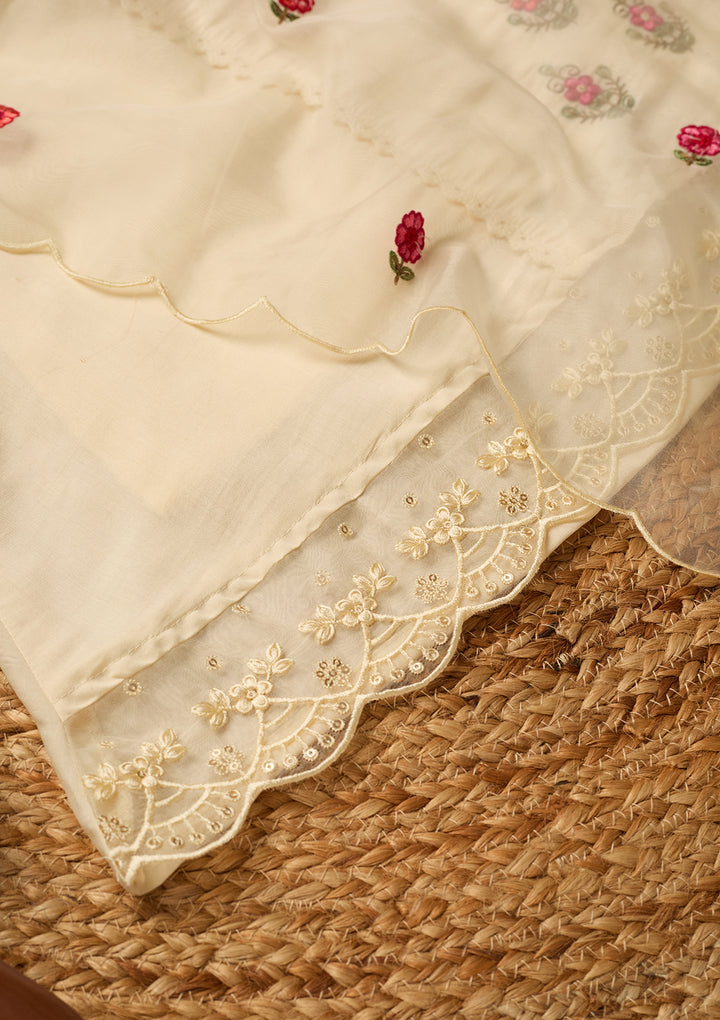 Off White Art Silk Threadwork Straight Kurta With Pant Regular And Dupatta