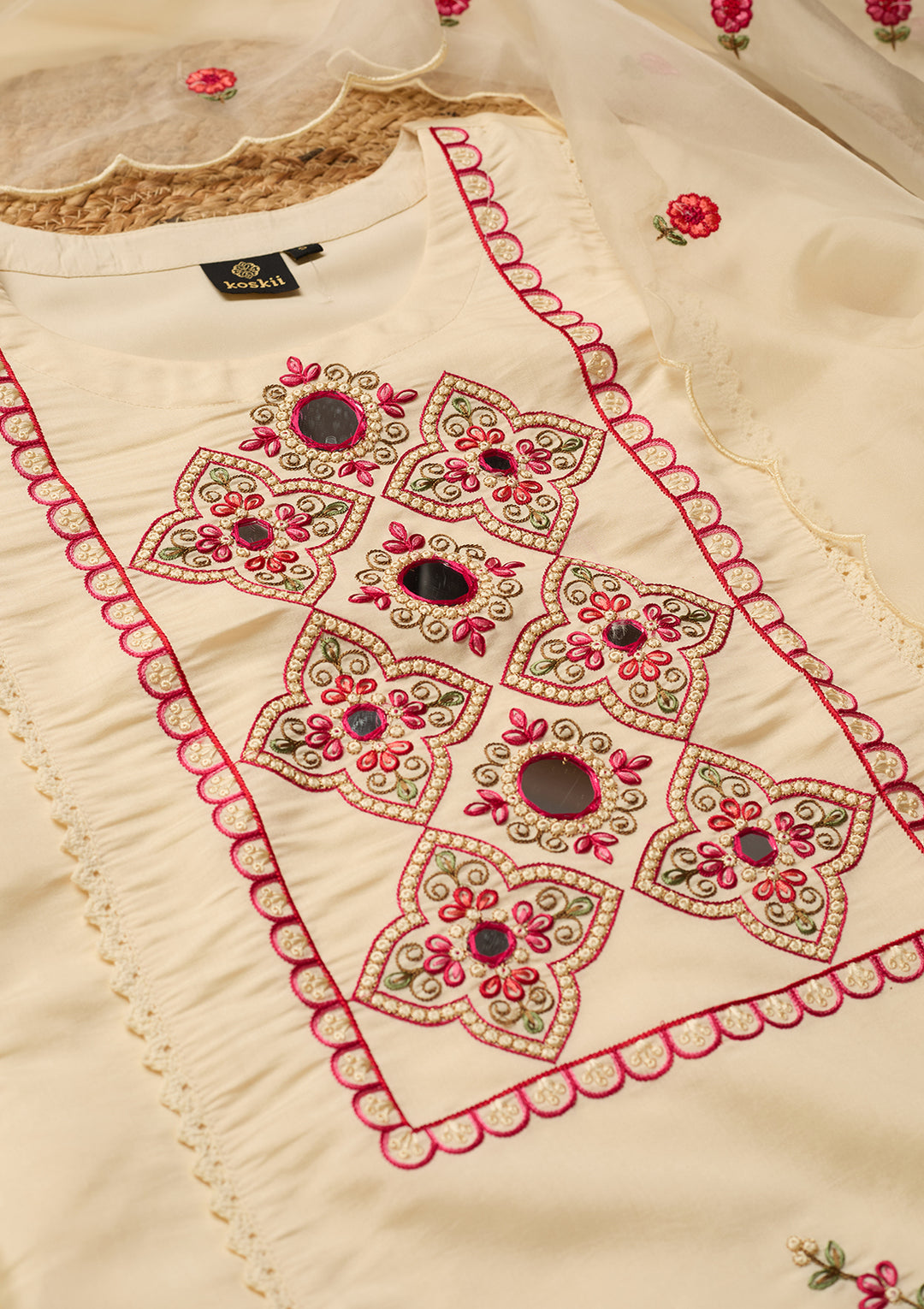 Off White Art Silk Threadwork Straight Kurta With Pant Regular And Dupatta