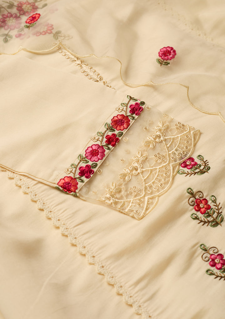 Off White Art Silk Threadwork Straight Kurta With Pant Regular And Dupatta