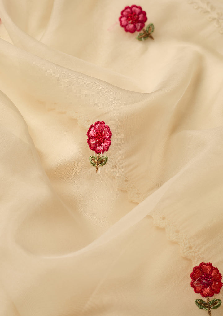 Off White Art Silk Threadwork Straight Kurta With Pant Regular And Dupatta