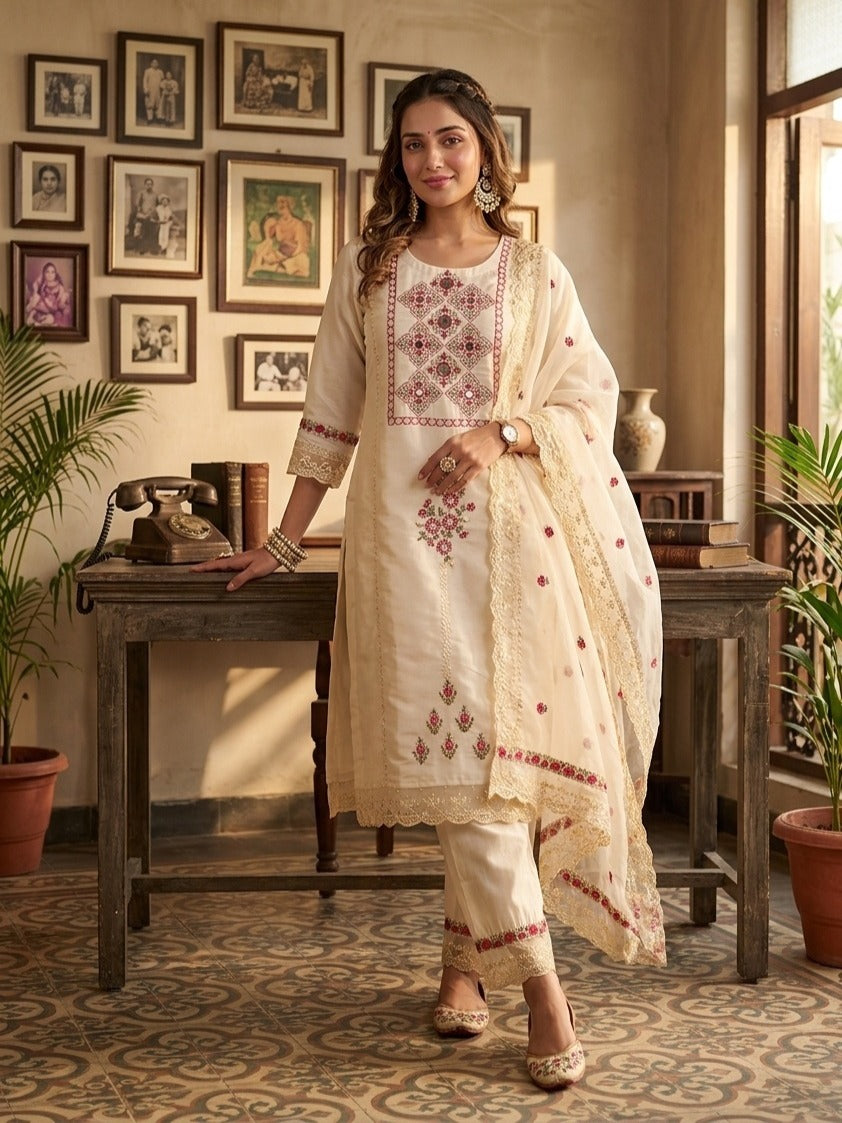 Off White Art Silk Threadwork Straight Kurta With Pant Regular And Dupatta