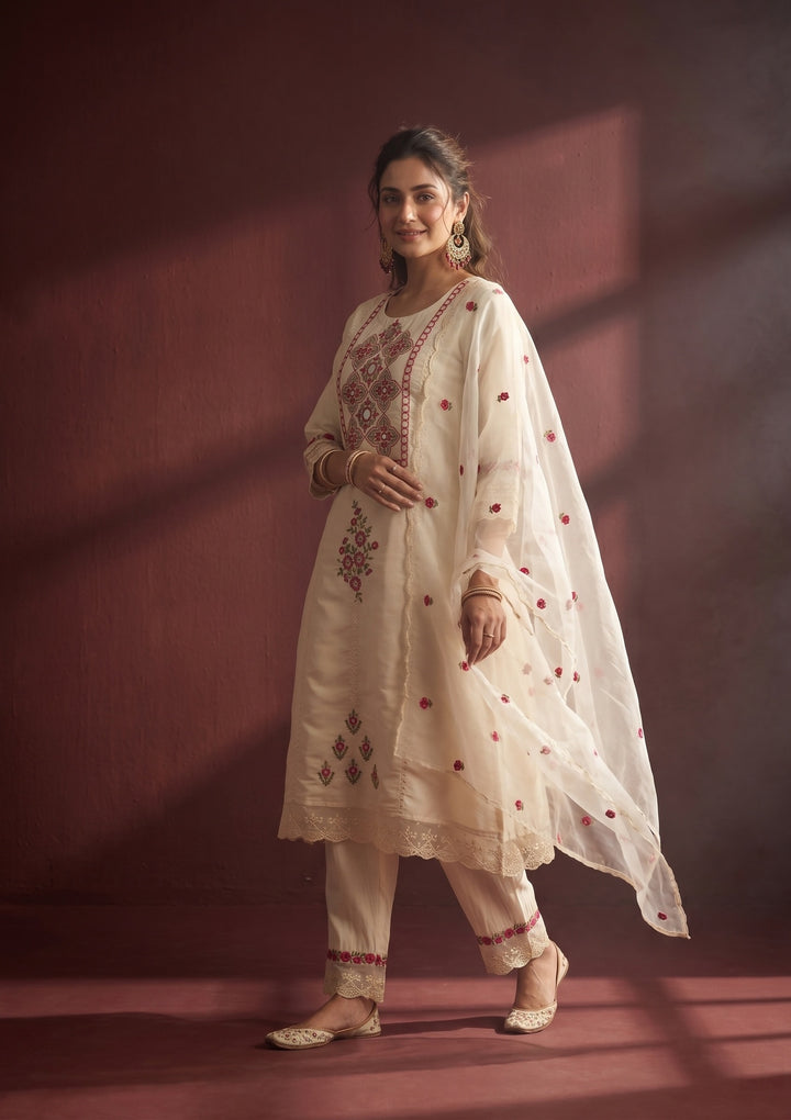 Off White Art Silk Threadwork A-Line Kurta With Pant Regular And Dupatta