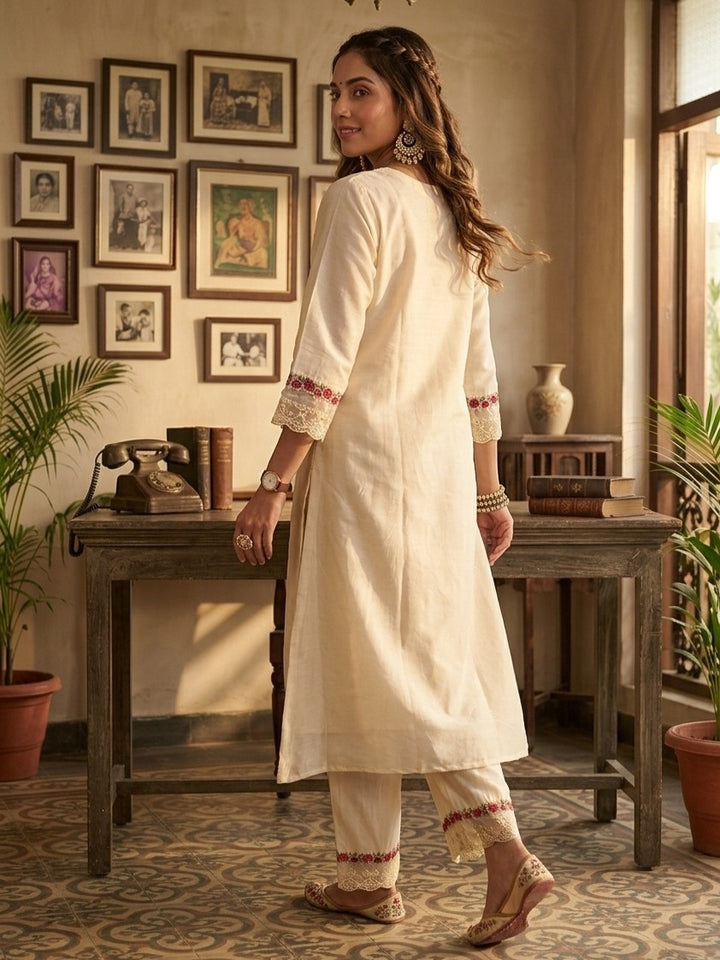 Off White Art Silk Threadwork Straight Kurta With Pant Regular And Dupatta