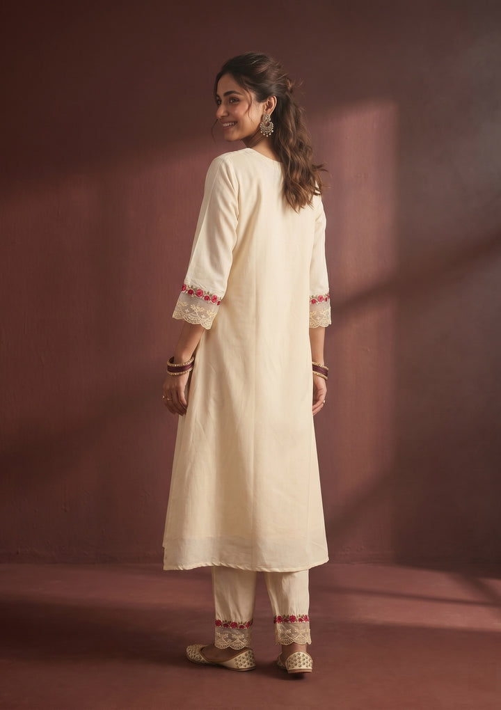 Off White Art Silk Threadwork A-Line Kurta With Pant Regular And Dupatta