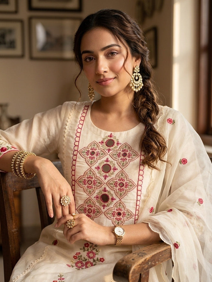 Off White Art Silk Threadwork Straight Kurta With Pant Regular And Dupatta