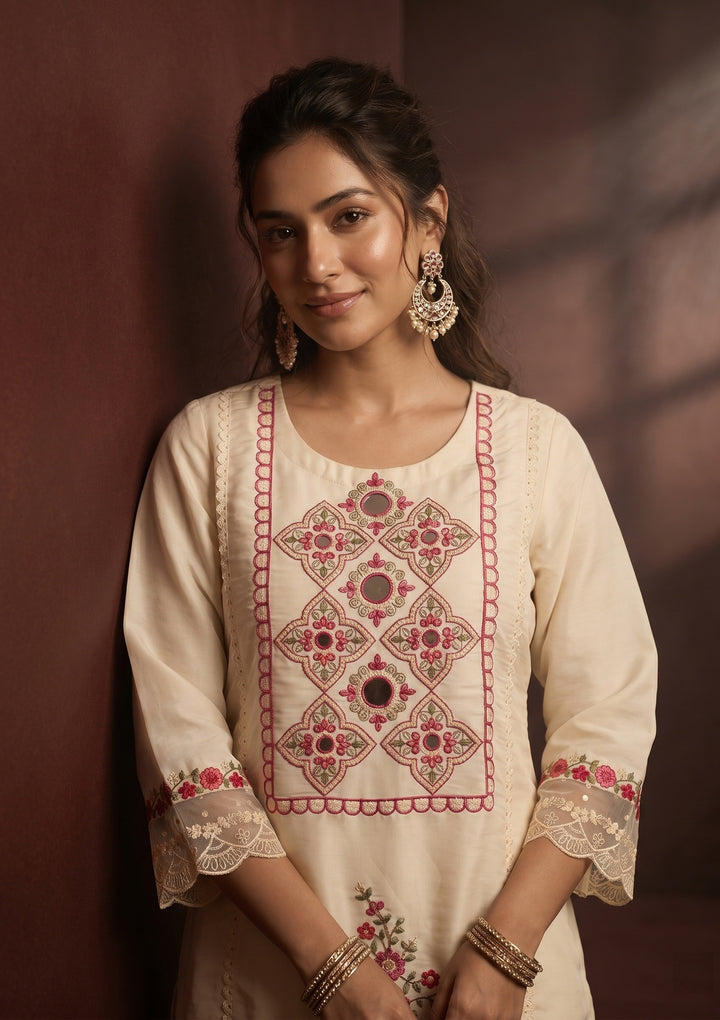 Off White Art Silk Threadwork A-Line Kurta With Pant Regular And Dupatta