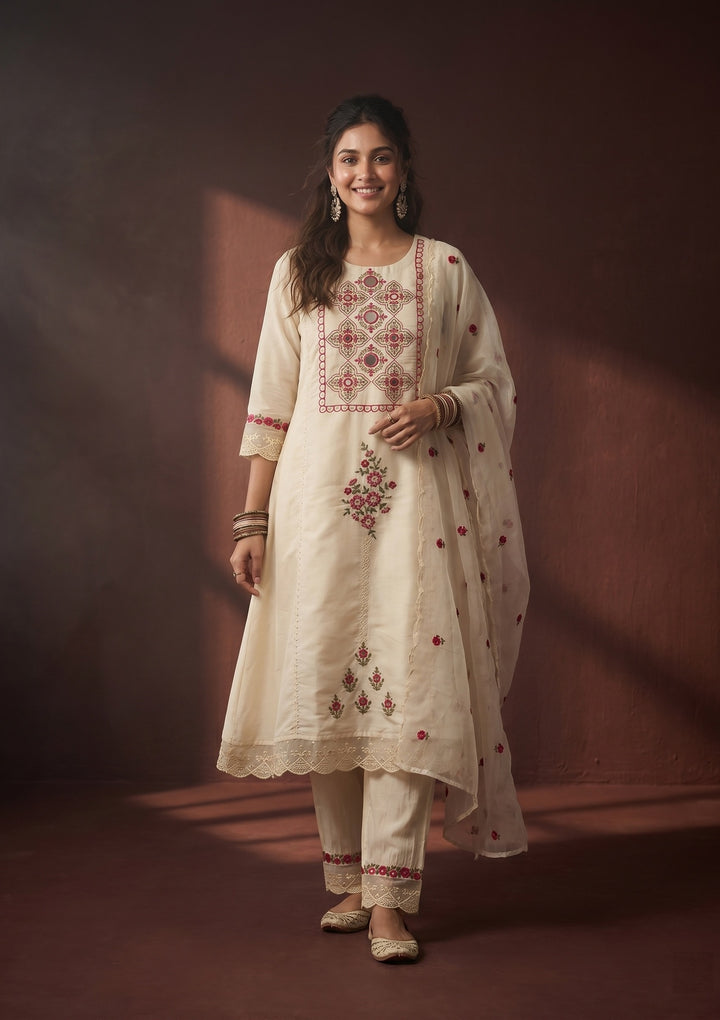 Off White Art Silk Threadwork A-Line Kurta With Pant Regular And Dupatta