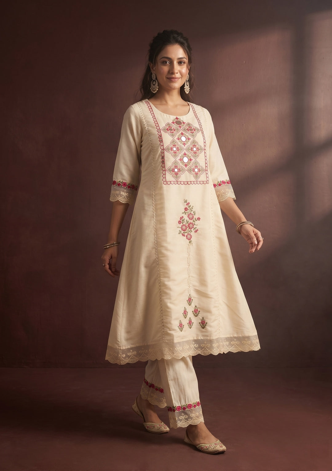 Off White Art Silk Threadwork A-Line Kurta With Pant Regular And Dupatta