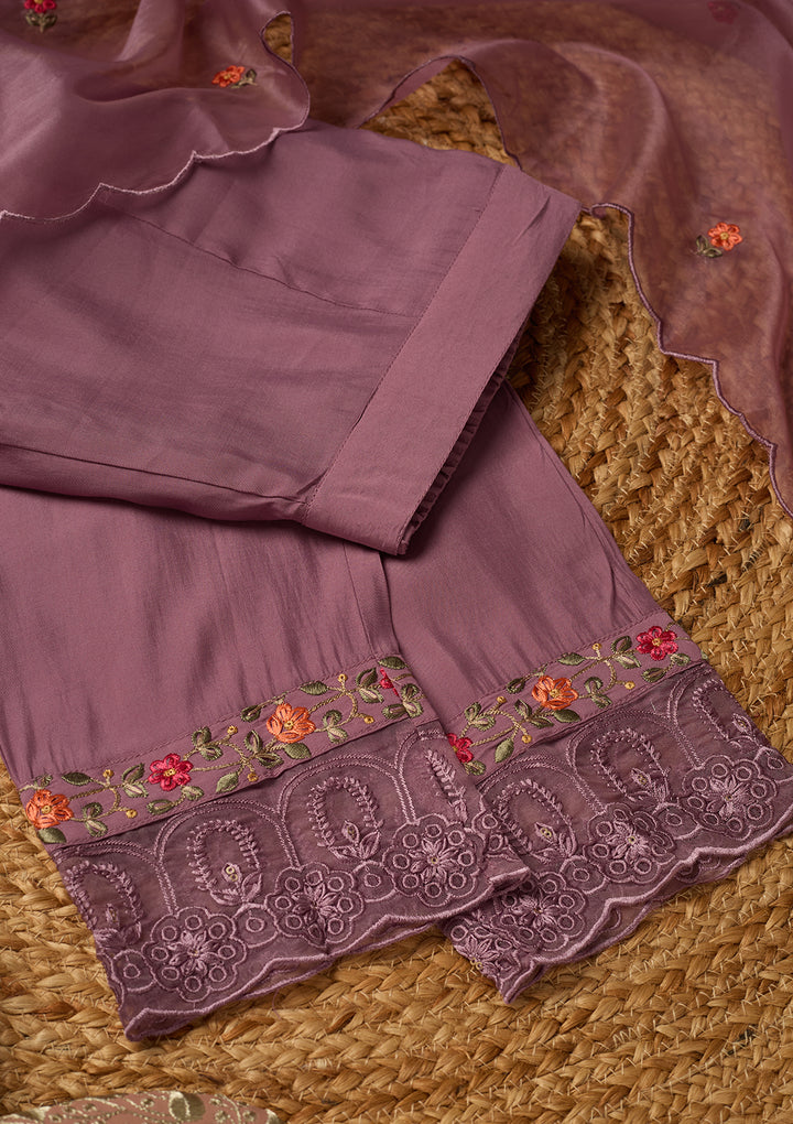 Mauve Raw Silk Threadwork Straight Kurta With Pant Regular And Dupatta