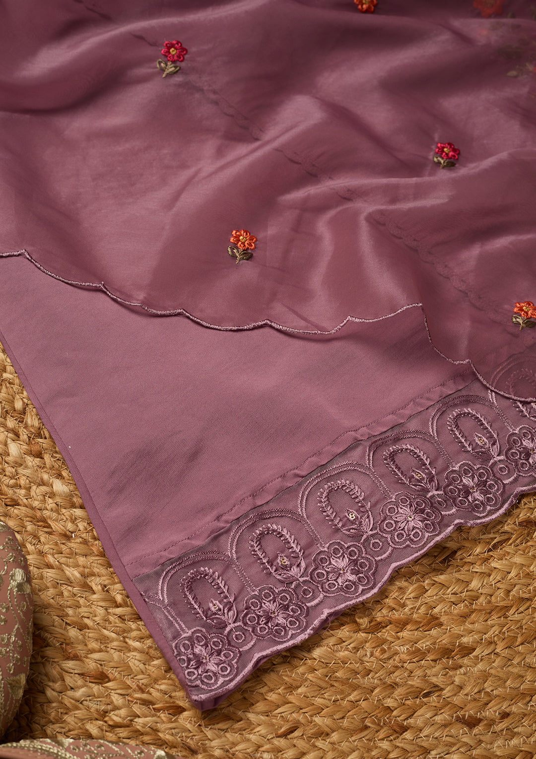 Mauve Raw Silk Threadwork Straight Kurta With Pant Regular And Dupatta