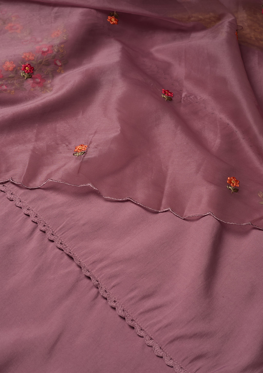 Mauve Raw Silk Threadwork Straight Kurta With Pant Regular And Dupatta