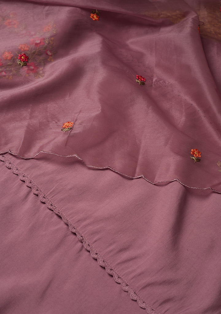 Mauve Raw Silk Threadwork Straight Kurta With Pant Regular And Dupatta