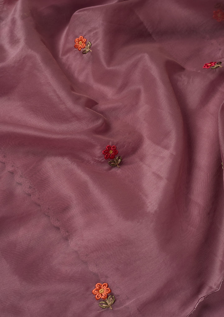 Mauve Raw Silk Threadwork Straight Kurta With Pant Regular And Dupatta