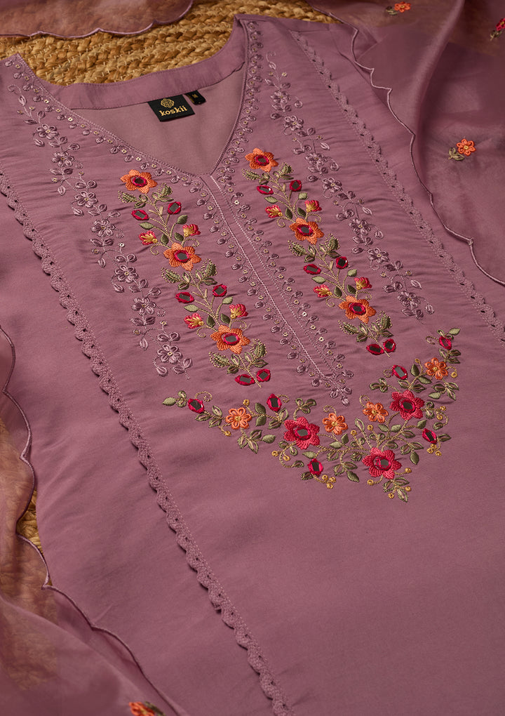 Mauve Raw Silk Threadwork Straight Kurta With Pant Regular And Dupatta
