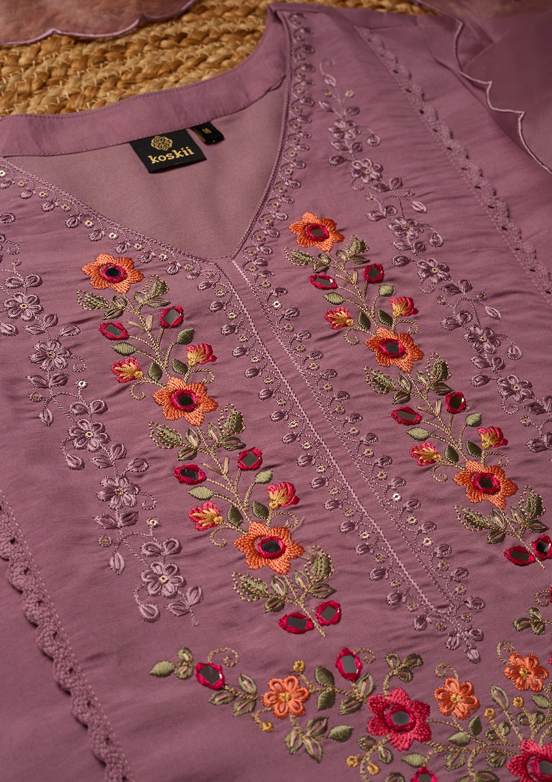 Mauve Raw Silk Threadwork Straight Kurta With Pant Regular And Dupatta