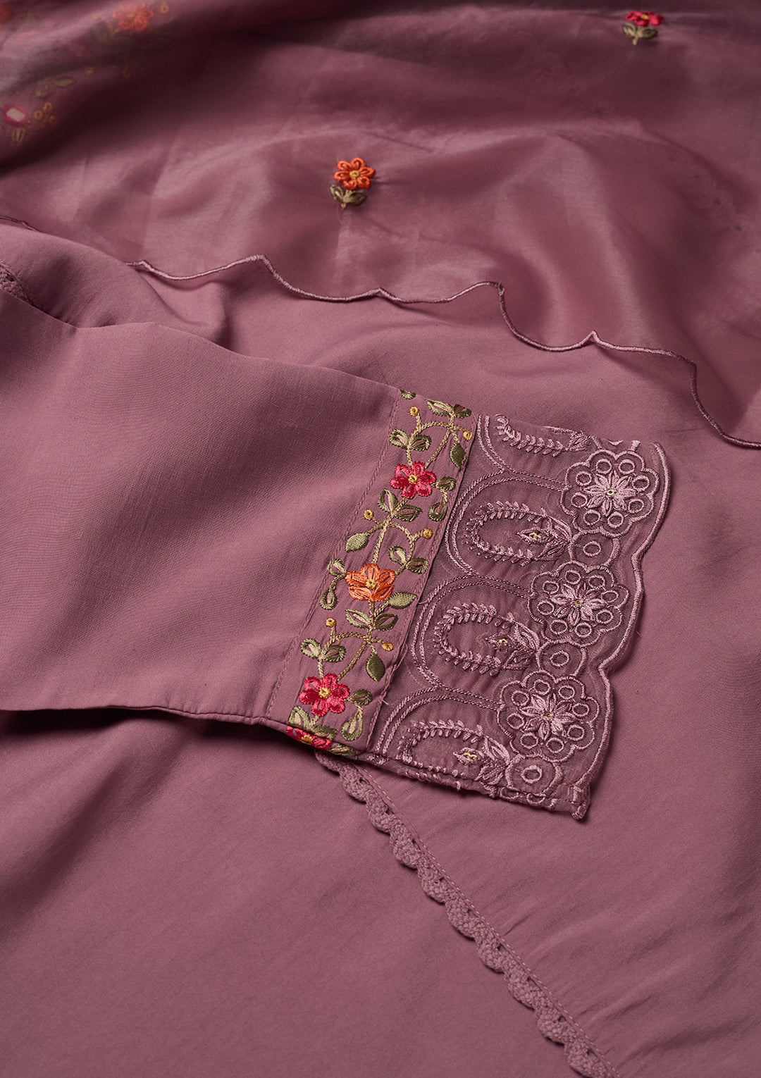 Mauve Raw Silk Threadwork Straight Kurta With Pant Regular And Dupatta
