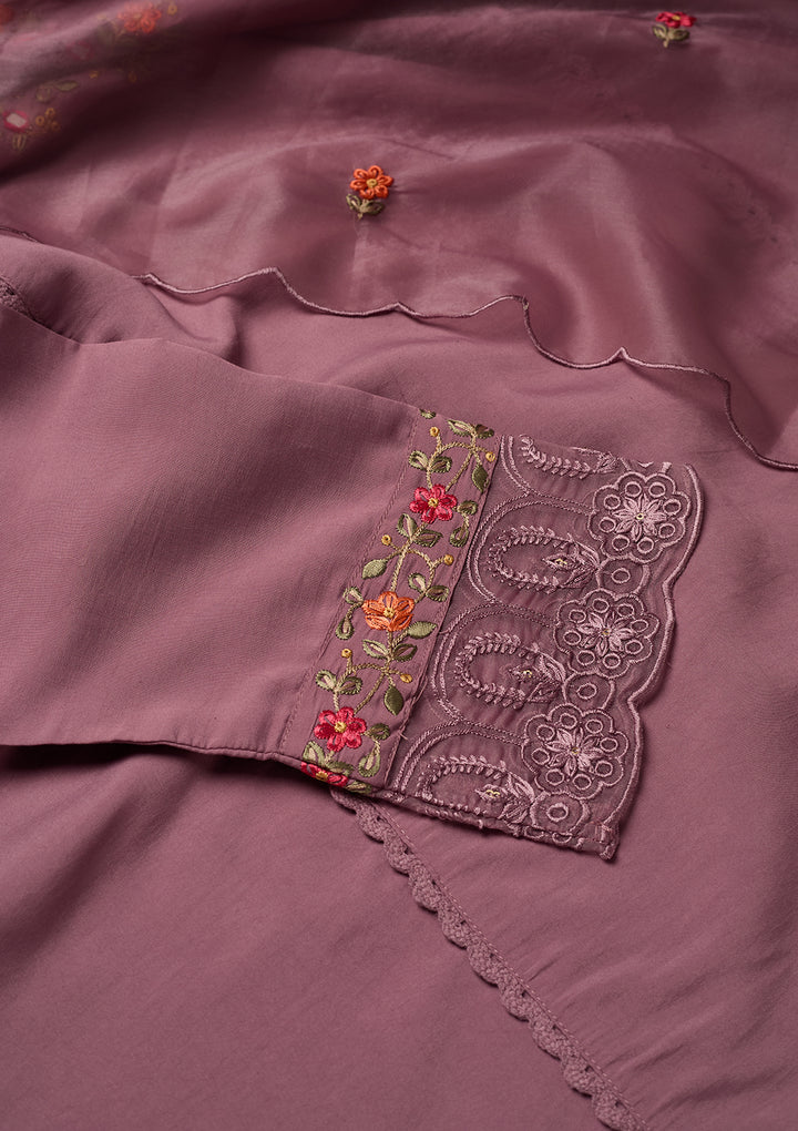 Mauve Raw Silk Threadwork Straight Kurta With Pant Regular And Dupatta