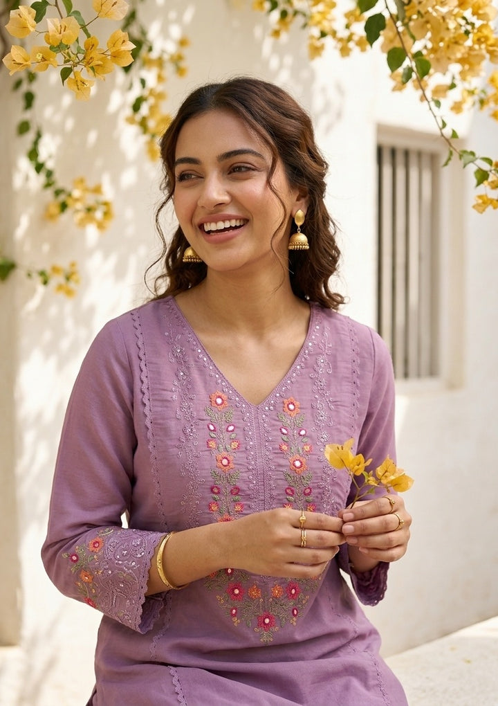 Mauve Raw Silk Threadwork Straight Kurta With Pant Regular And Dupatta