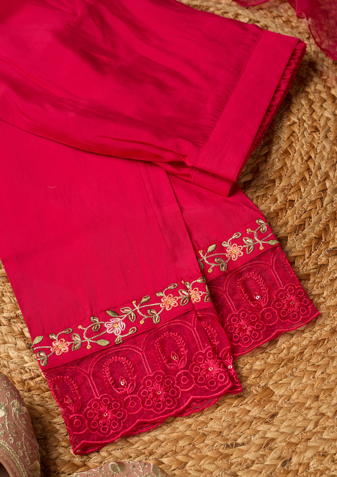 Rani Pink Raw Silk Threadwork Straight Kurta With Pant Regular And Dupatta