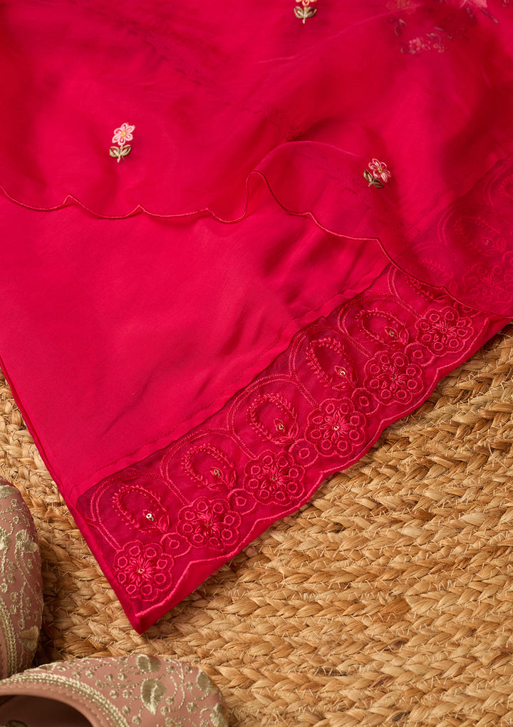 Rani Pink Raw Silk Threadwork Straight Kurta With Pant Regular And Dupatta