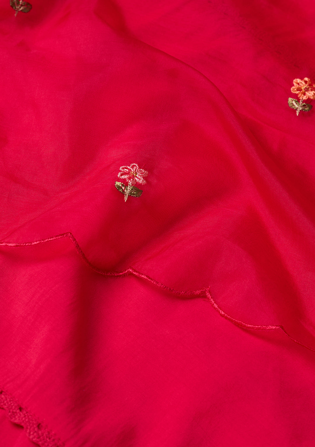 Rani Pink Raw Silk Threadwork Straight Kurta With Pant Regular And Dupatta
