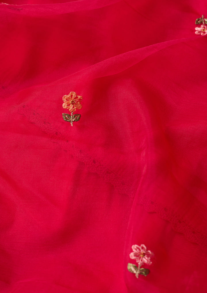 Rani Pink Raw Silk Threadwork Straight Kurta With Pant Regular And Dupatta
