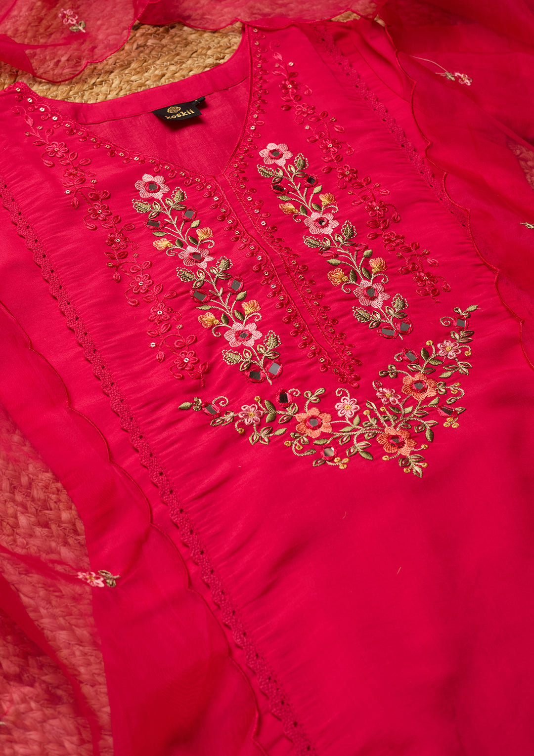 Rani Pink Raw Silk Threadwork Straight Kurta With Pant Regular And Dupatta