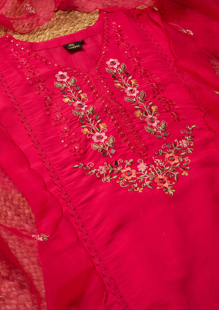 Rani Pink Raw Silk Threadwork Straight Kurta With Pant Regular And Dupatta