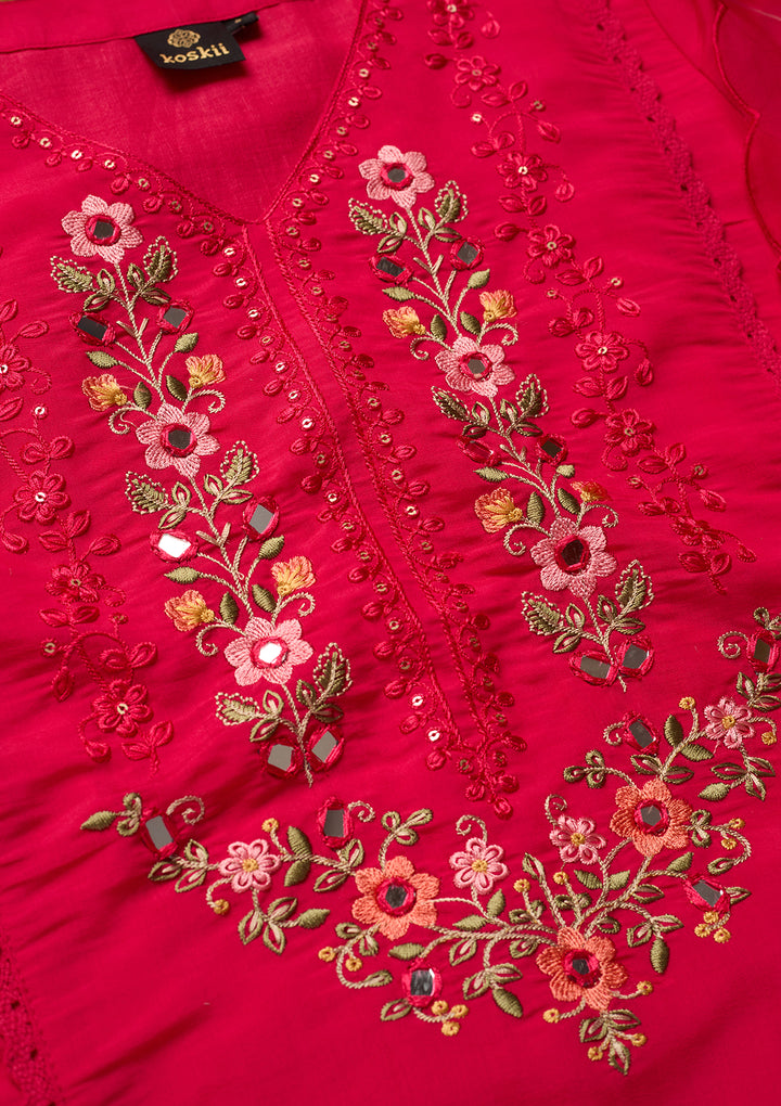 Rani Pink Raw Silk Threadwork Straight Kurta With Pant Regular And Dupatta