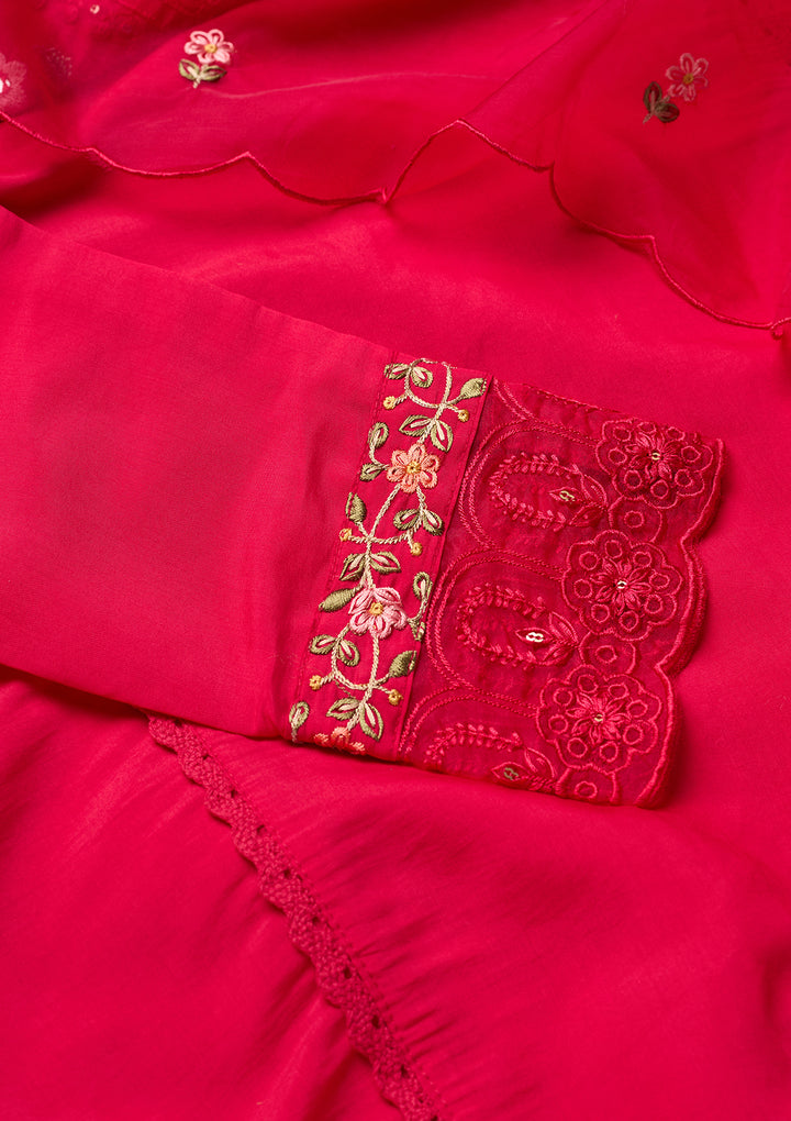 Rani Pink Raw Silk Threadwork Straight Kurta With Pant Regular And Dupatta