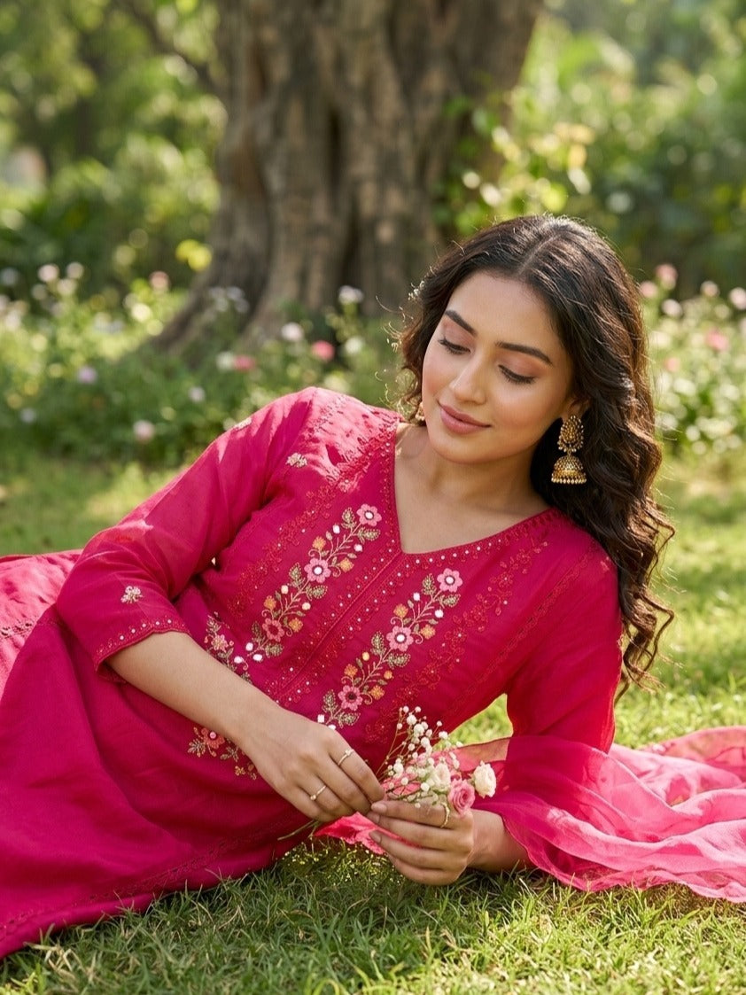Rani Pink Raw Silk Threadwork Straight Kurta With Pant Regular And Dupatta
